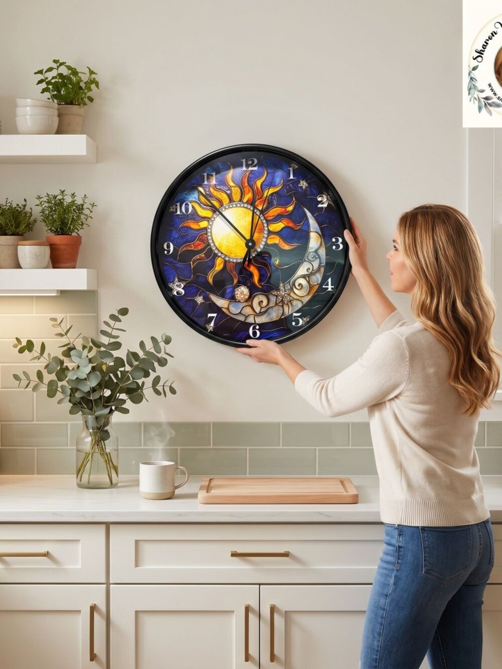 🌞🌙 Blinged Sun & Moon Stained Glass Wall Clock – Celestial Glam for Your Home - Picture 8 of 8